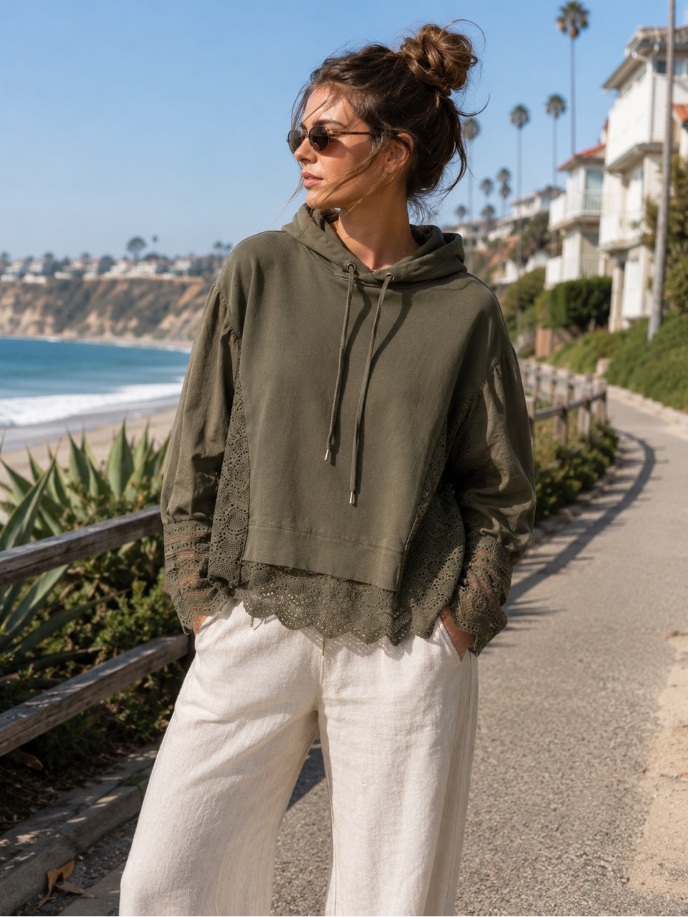 Sea New York Olive Green Eyelet Lace Back Hoodie Sweatshirt Size S RARE